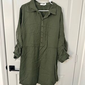 Button Up Roll Sleeve Olive Green Dress